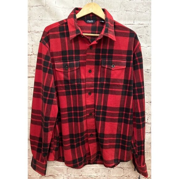 Chaps Fleece Mens L Red Black Shacket Pockets Button Up Shirt Jacket NEW - Picture 1 of 5